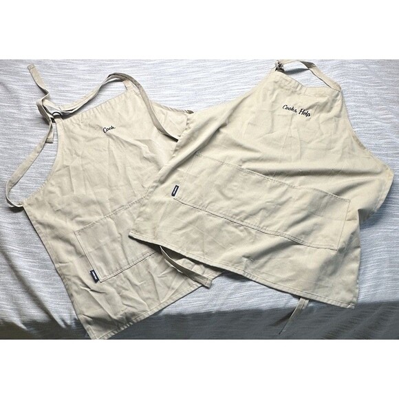 Lands End Adjustable Khaki Aprons “Cook” & “Cooks Help” With Pockets - Picture 1 of 5